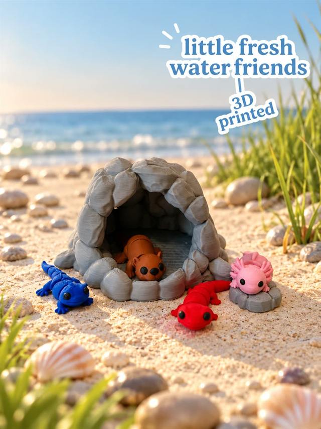 Little Freshwater Friends Cave Set — stone cave with iguana, chameleon, axolotl and beaver